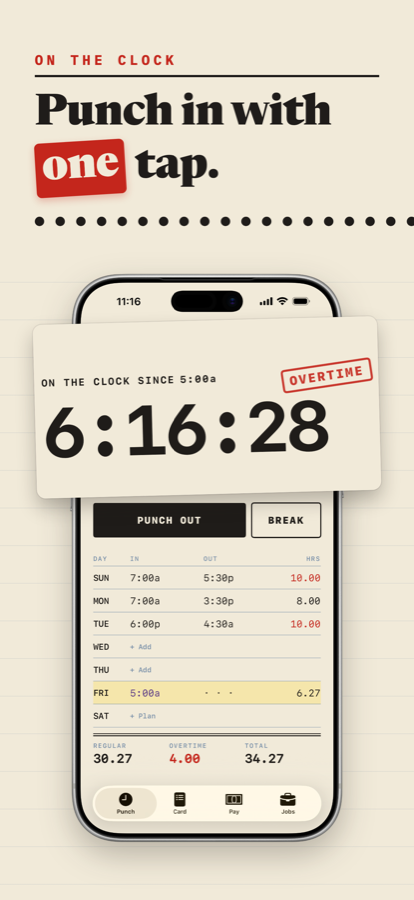 Shiftcard on iPhone: a shift on the clock, the week's hours, and overtime in red.