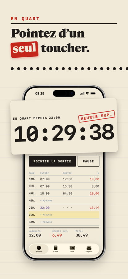 Shiftcard sur iPhone : un quart en cours, les heures de la semaine et les heures supplémentaires en rouge.